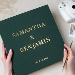 Wedding Guest Book Personalized Polaroid Album Slip-in Instax Photo with Insert Corners Forest Green Gold lettering 40-400 Guests, Gift for