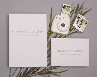 Custom Slip-in Wedding Guest Book Luxury White color with Typewrite With Gray Velour Lettering, Sticky corners, Instax mini album | Liumy