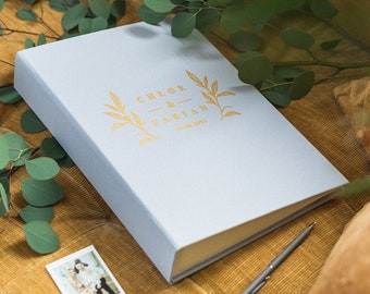 Dove Gray Instax Photo Pocket Guestbook with Leaf Twigs Matte Gold Lettering, Personalized Wedding Album, Dove Grey Guest book - by Liumy