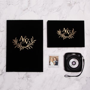 Schwarzes Velour Instax Photo Hochzeitsgästebuch Kranz Echtgold, individuelles Hochzeitsalbum, Alternatives Gästebuch - von Liumy