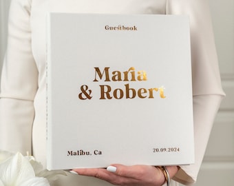 Personalized Wedding Slip-in Guest Book for Instax or Polaroid pictures, Sticky corners, Luxury Silky White + Gold Metallic, Instant photos