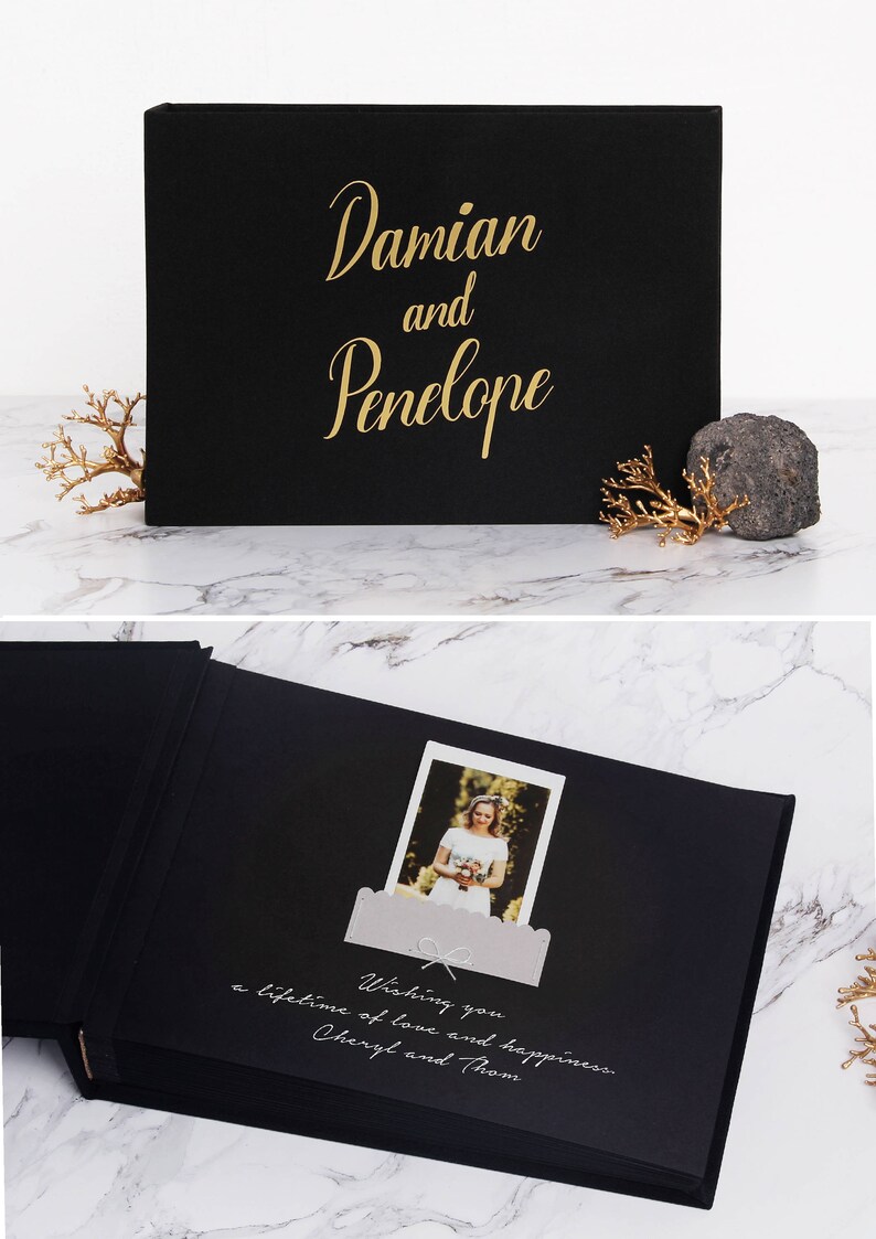 Wedding Album Black Gold Lettering Guest Book Black Pages Etsy