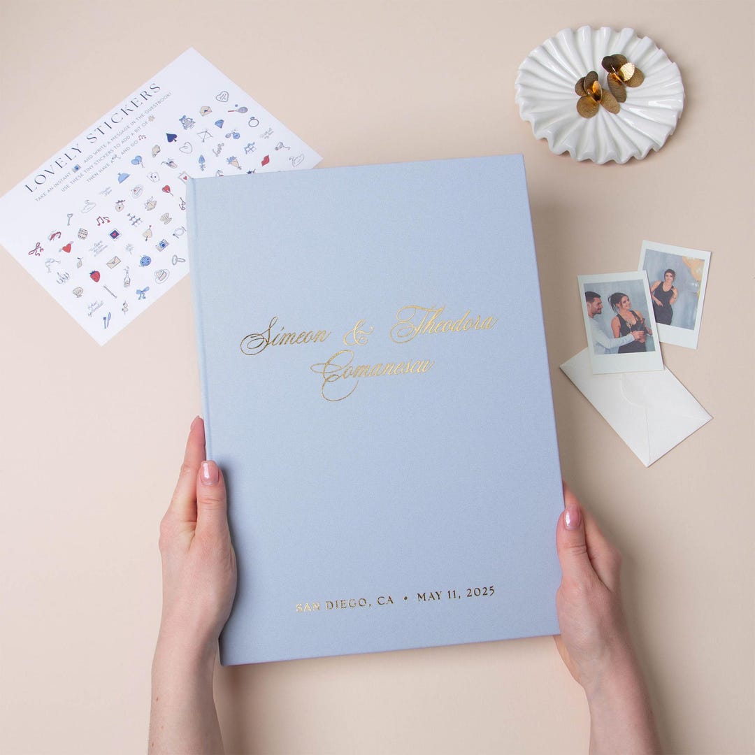 Wedding Guest Book For Instant Photos - Navy Blue Gold Foil Personalized Photo Album By Liumy