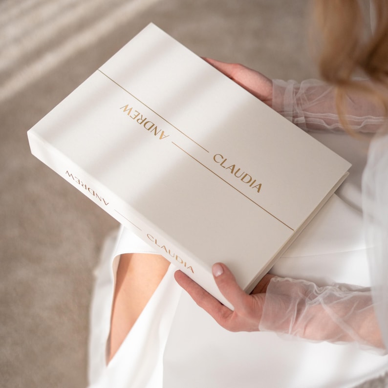 Classic Lines Guest Book +Free Gift, Luxury Slip-in for Polaroid & Instax Photos Real Gold Lettering, Personalized Wedding Album, Guest Book