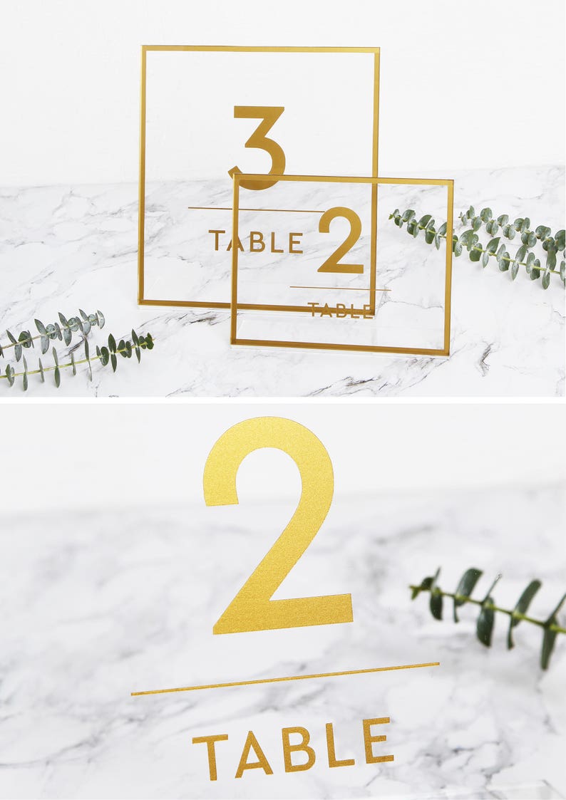 Gold Foil Sign for Table Numbers Acrylic Wedding Sign Transparent Celebration Sign Photo Glass Sign by Liumy image 1