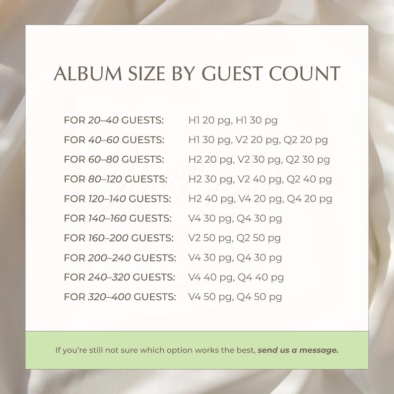 May include: A white informational chart titled ALBUM SIZE BY GUEST COUNT. It lists guest ranges from 20-40 up to 320-400, paired with corresponding album codes and page counts. A light green footer contains the text: If you're still not sure which option works the best, send us a message.