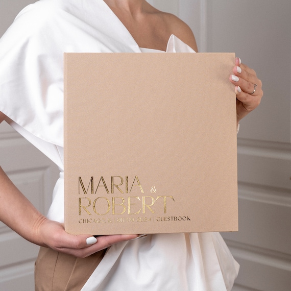 Wedding Guest Book For Instant Photos - Navy Blue Gold Foil Personalized Photo Album By Liumy