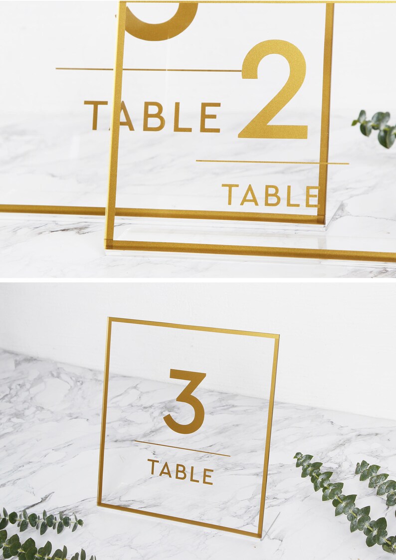 Gold Foil Sign for Table Numbers Acrylic Wedding Sign Transparent Celebration Sign Photo Glass Sign by Liumy image 2