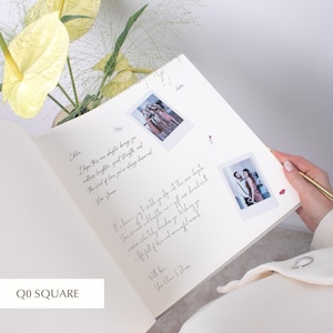 Open square wedding guestbook with handwritten message and instant photo insert, elegant keepsake design