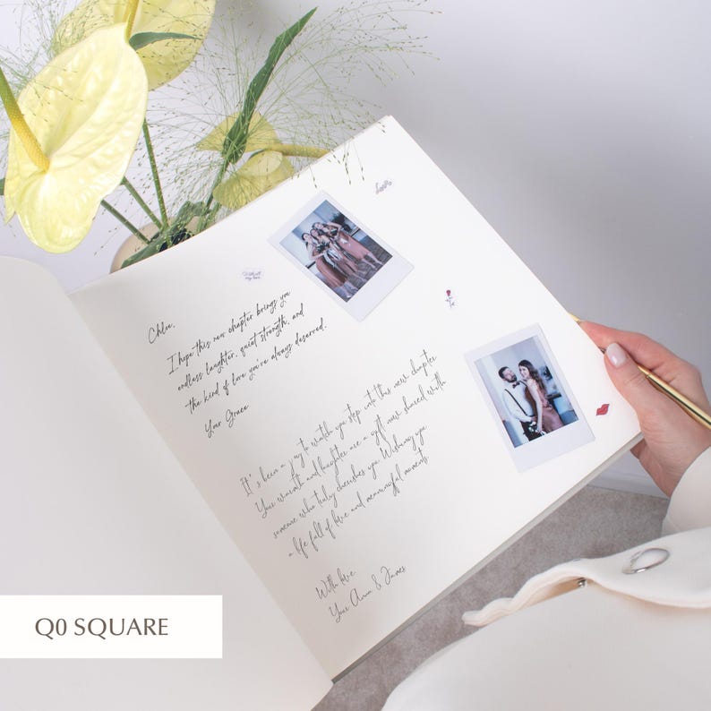 Open square wedding guestbook with handwritten message and instant photo insert, elegant keepsake design