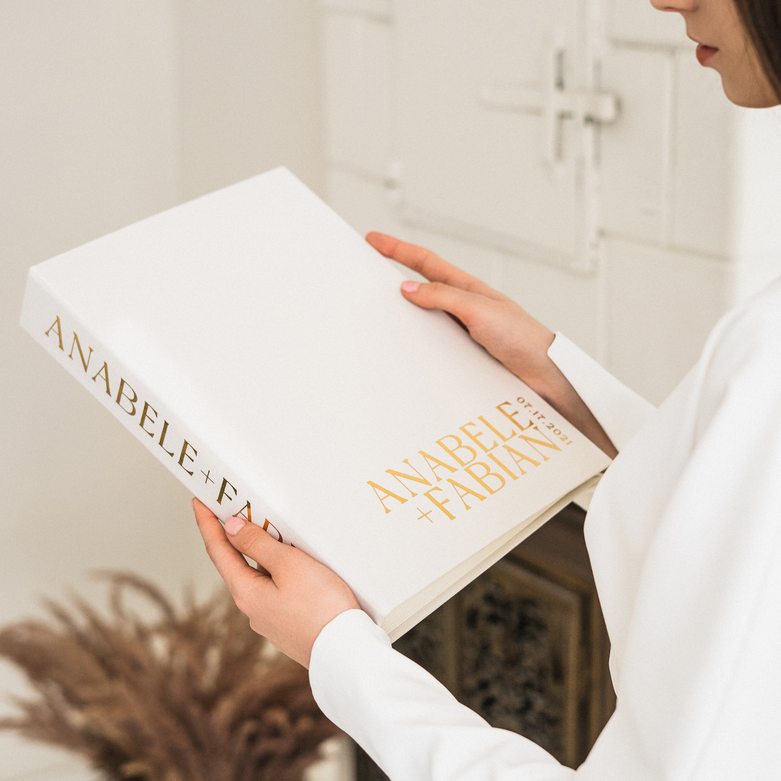 Silky White Guest Book + Free Gift, Personalized Luxury Wedding Slip-in for Instax or Polaroid Pictures, Sticky Corners, Instant Photos