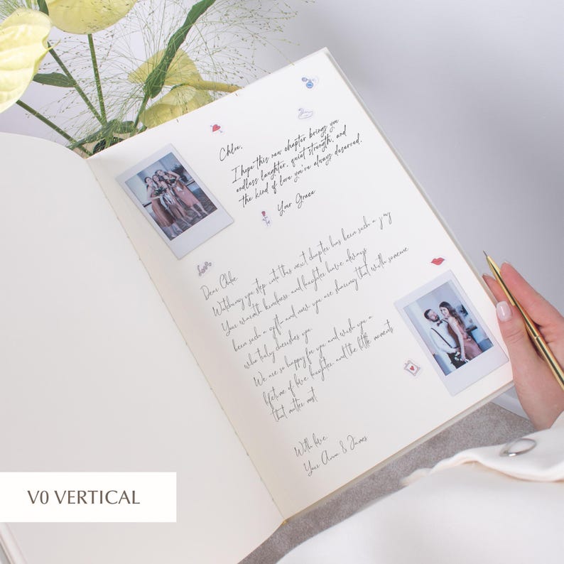 Open vertical wedding guestbook with handwritten message and instant photo insert, elegant keepsake design