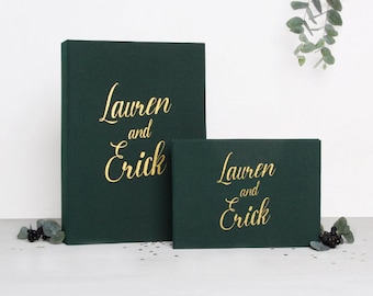 Large Wedding Slip-in Album Forest Green Guest Book With Gold Lettering, Black pages, Birthday Album, Custom Wedding book | Liumy