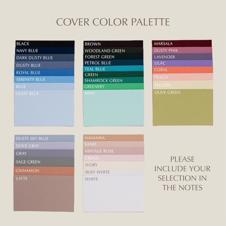 Color palette for fabric cover options, featuring 38 shades including black, navy, sage green, dusty rose, and ivory.