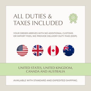 May include: An informational graphic with the text ALL DUTIES & TAXES INCLUDED, YOUR ORDER ARRIVES WITH NO ADDITIONAL CUSTOMS OR IMPORT FEES, WE PROVIDE DELIVERY DUTY PAID (DDP), UNITED STATES, UNITED KINGDOM, CANADA AND AUSTRALIA, AVAILABLE WITH STANDARD AND EXPEDITED SHIPPING, featuring a green badge icon and circular flags of the USA, UK, Canada, and Australia.