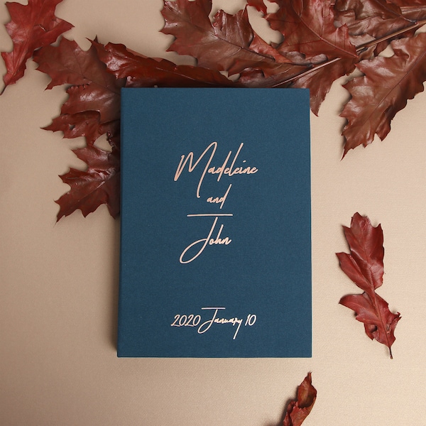 Petrol Blue Unique Instax Photo Slip-in Guestbook Rose Gold Modern Lettering, Personalized Wedding Album, Indigo blue Guest book | Liumy