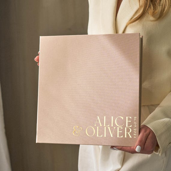 Minimal Sand Polaroid Guest Book Real Gold Personalized Wedding Photo Album