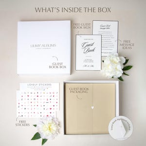 Wedding guest book gift set including white branded box, guest book message ideas guide, stickers, and elegant packaging, ideal for gifting the bride and groom.