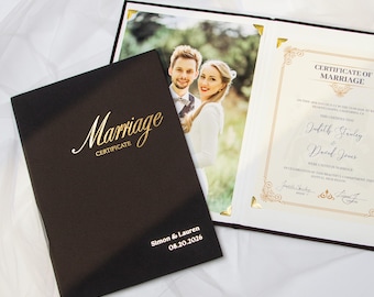 Porta certificato di matrimonio nero – Elegante cartella portadocumenti personalizzata con lamina d'oro / Ricordo di nozze fatto a mano