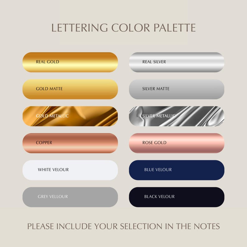 Lettering color palette with matte, metallic, and velour finishes, including real gold, rose gold, silver, copper, and metallic accents.