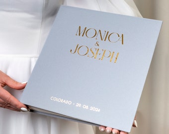 Handmade Dusty Blue Wedding Album, Personalized Gold Lettering