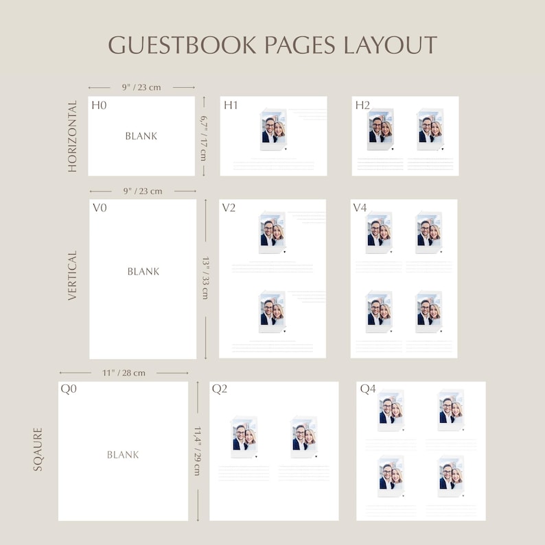 Detailed layout of available guest book page formats, including horizontal, vertical, and square options with Polaroid photo placement and message lines.