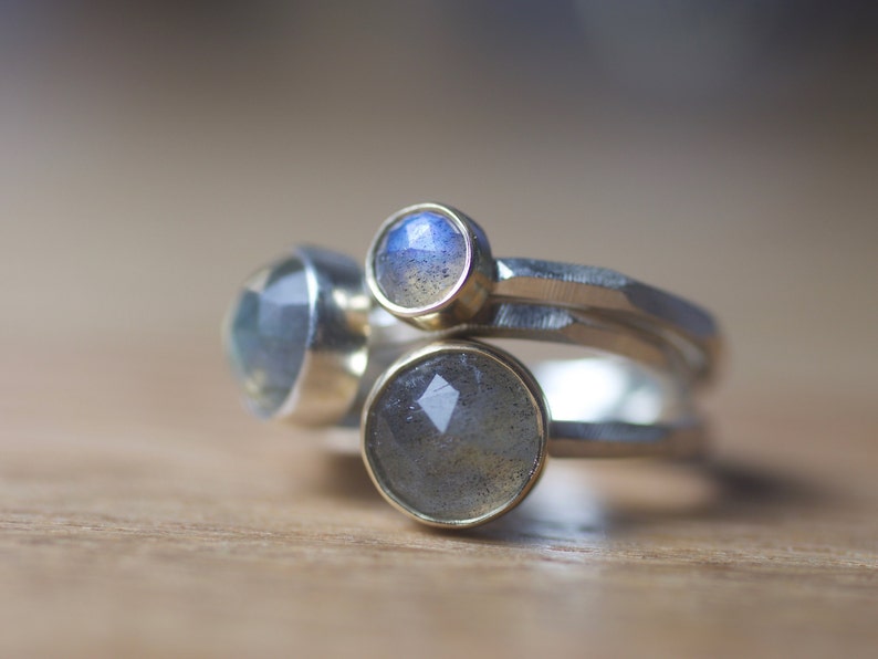 handmade 5mm rose cut labradorite eco silver and recycled gold ring minimal stone design|statement ring modern contemporary jewellery