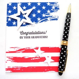 Military Graduation card - Congratulations in Red, white and Blue - So Proud of you! Boot camp Graduation, School Grad handmade card.