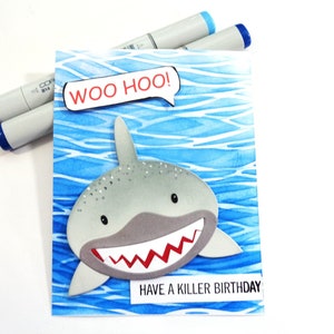 Shark Birthday card for Kids -WOO HOO! - Have a Killer Birthday - handmade card - Pool Party Birthday - Gift for Boy or Girl