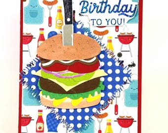 Handmade Hamburger Birthday card - Cheeseburger, BBQ, Grilling, Let's Eat