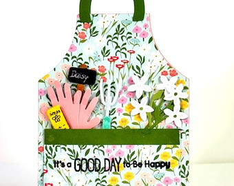 Handmade Gardening Apron Card:  Tools, gloves, seed packs and plenty of flowers - Stand up 3D card
