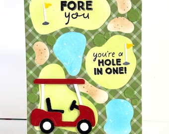 Golfing card Fore You, 3D Golf Cart, Birthday, Retirement, Hole in One, sentiment choice