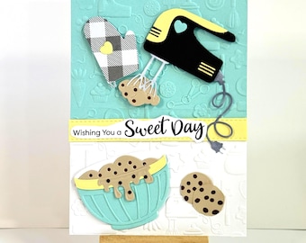 Handmade Kitchen card - Cooking, Baking Cookies, Bowl and mixer, teal & yellow, embossed front.