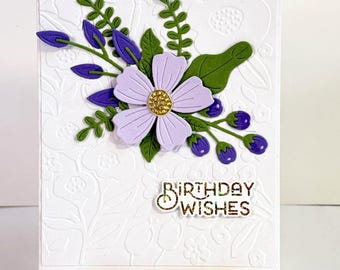 Handmade Birthday Wishes card: Lavender & purple flowers on embossed white card,  choice of inside verse
