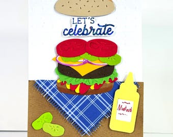 Birthday card,  Let's Celebrate, mouthwatering cheeseburger,  Burger lovers,  Handmade, choice of sentiments