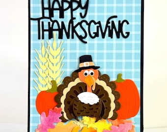 Funny Thanksgiving Turkey card - Colors of the season, pumpkins and leaves, handmade card.