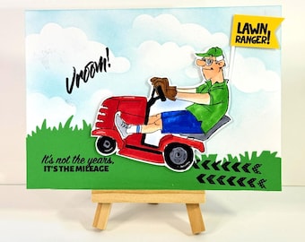 Lawn mower Dude Birthday card - Red mower,  it's not the years, it's the mileage - handmade