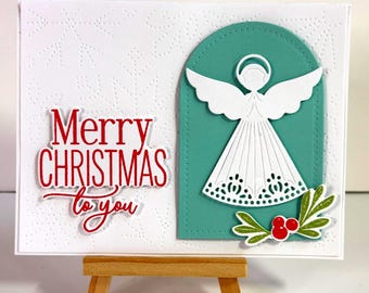 Angel Christmas card - Merry Christmas to you - 3D Angel, pierced snowflake background, custom inside sentiment