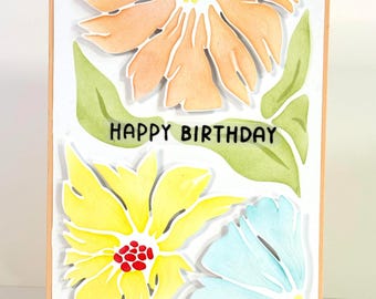 Handmade Floral Birthday Card – Peach, Yellow, Blue Pastel Floating Flowers, personalized inside