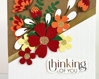 Thinking of you card: Fall Flowers, Handmade with all the colors of Autumn, gold foiling, sentiment choice