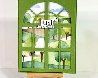 Handmade Just a Note card window scene of Woodland landscape, Thinking of you, Hello, appreciation