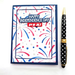 Happy Independence Day card - 4th of July  - Fireworks, red white and blue stars - America's Birthday - Patriotic handmade card