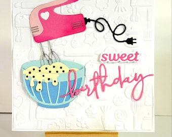 Handmade Kitchen card - Cooking, Baking Cookies, Bowl and mixer, teal & yellow, embossed front.