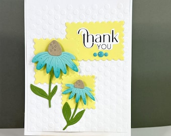 Handmade thank you card - Teal cone flowers on white embossed card, blank inside