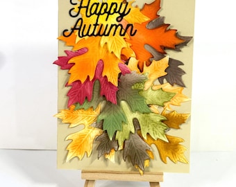 Handmade Autumn Leaves Card: Multi-color blended Maple leaves, Happy Thanksgiving