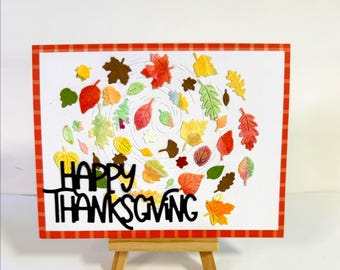 Thanksgiving card of a swirl of blowing Fall leaves, handmade & watercolor painted, sentiment choice