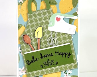 Apron Baking card, Bake some Happy - handmade kitchen card, Birthday, Bridal shower, Food gift