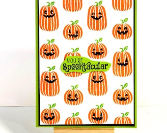 Happy Halloween card:  You're Spooktacular funny face pumpkins card -  jack-o-lanterns, blank handmade card