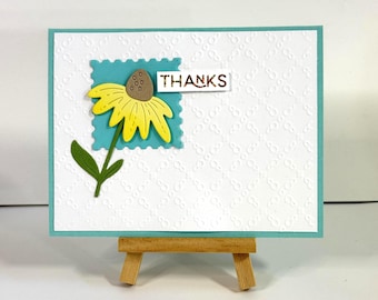 Handmade Yellow Flower thank you card - Teal with white embossed front