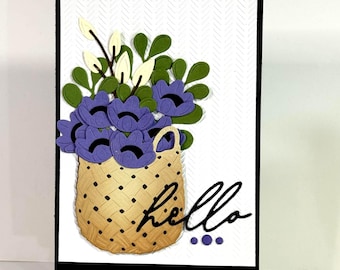 Handmade Hello Flower basket card: Lavender florals, richly textured blank card